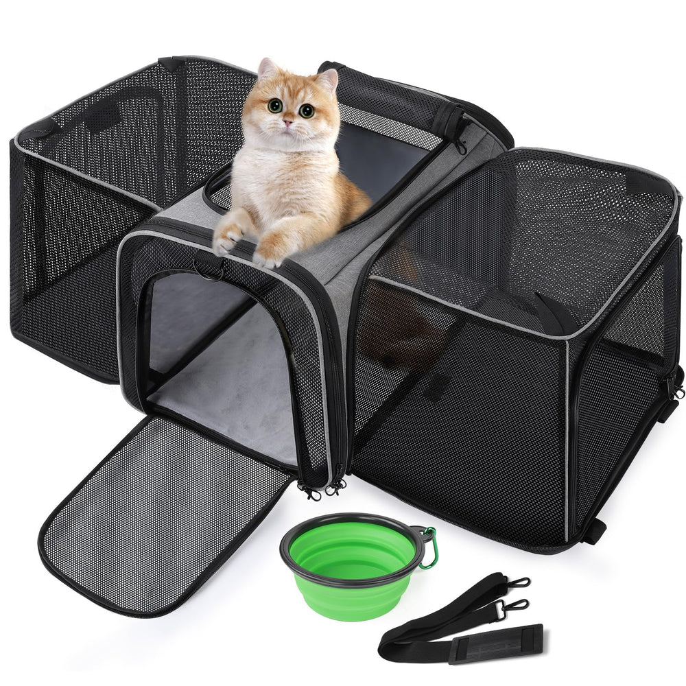 Pecute porte-chat extensible ouvert offrant espace supplémentaire pour votre animal.