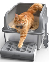 Powools bac-litiere acier inox entree-haute facilite l'acces pour chats