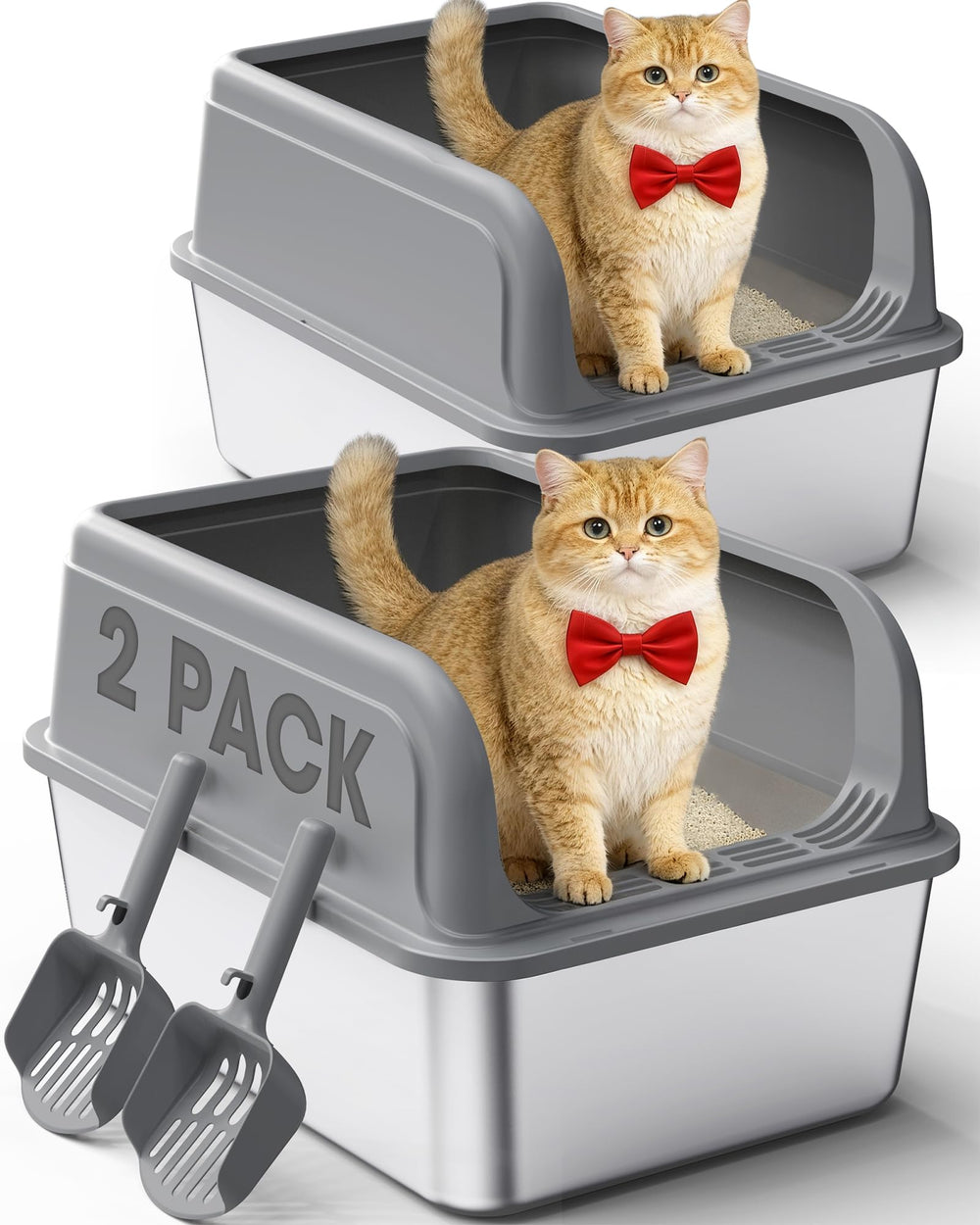 Powools bac-litiere inox double-pack, vue d'ensemble pratique pour foyers multi-chats
