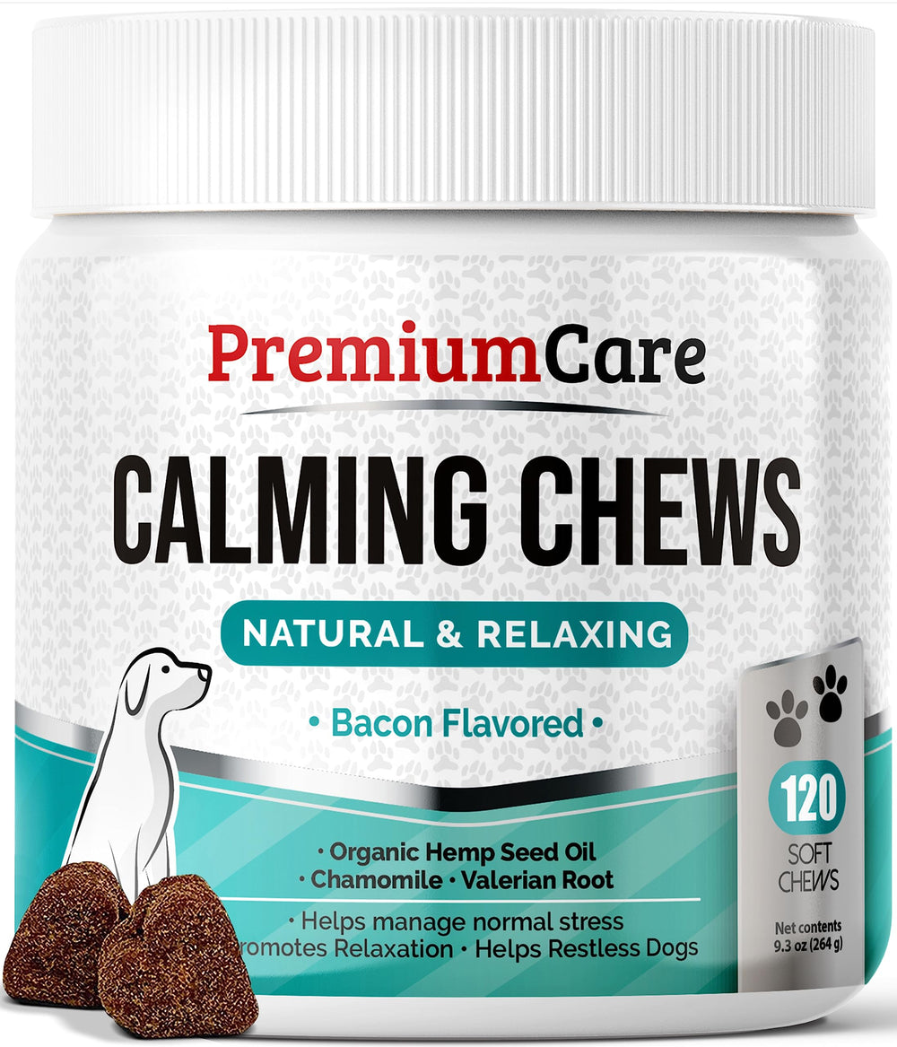 Premium Care Calming Chews – bouteille avec bouchées apaisantes, potentiellement relaxantes pour les chiens.