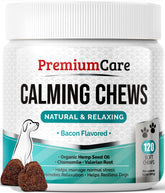 Premium Care Calming Chews – bouteille avec bouchées apaisantes, potentiellement relaxantes pour les chiens.