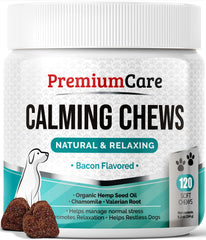 Premium Care Calming Chews – bouteille avec bouchées apaisantes, potentiellement relaxantes pour les chiens.