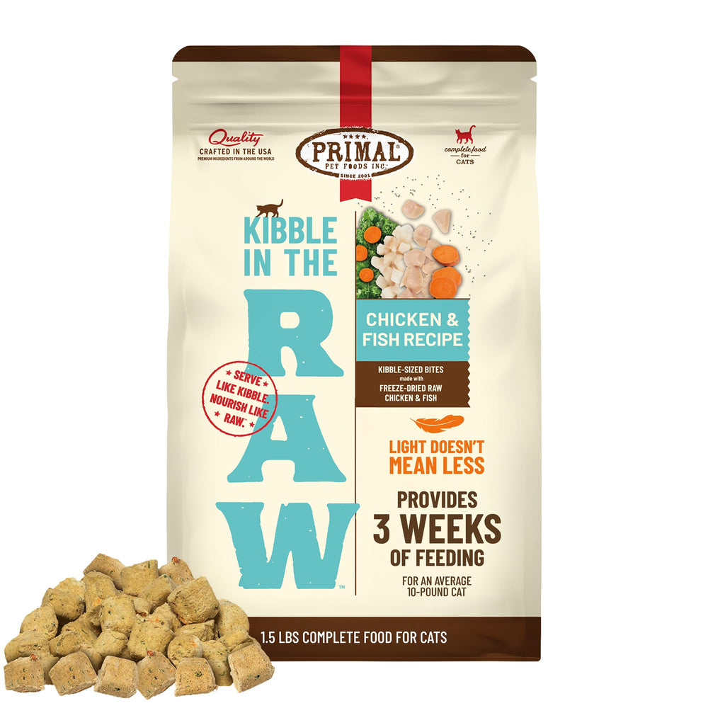 Emballage de Primal Kibble en The Raw, croquettes crues prêtes à servir.
