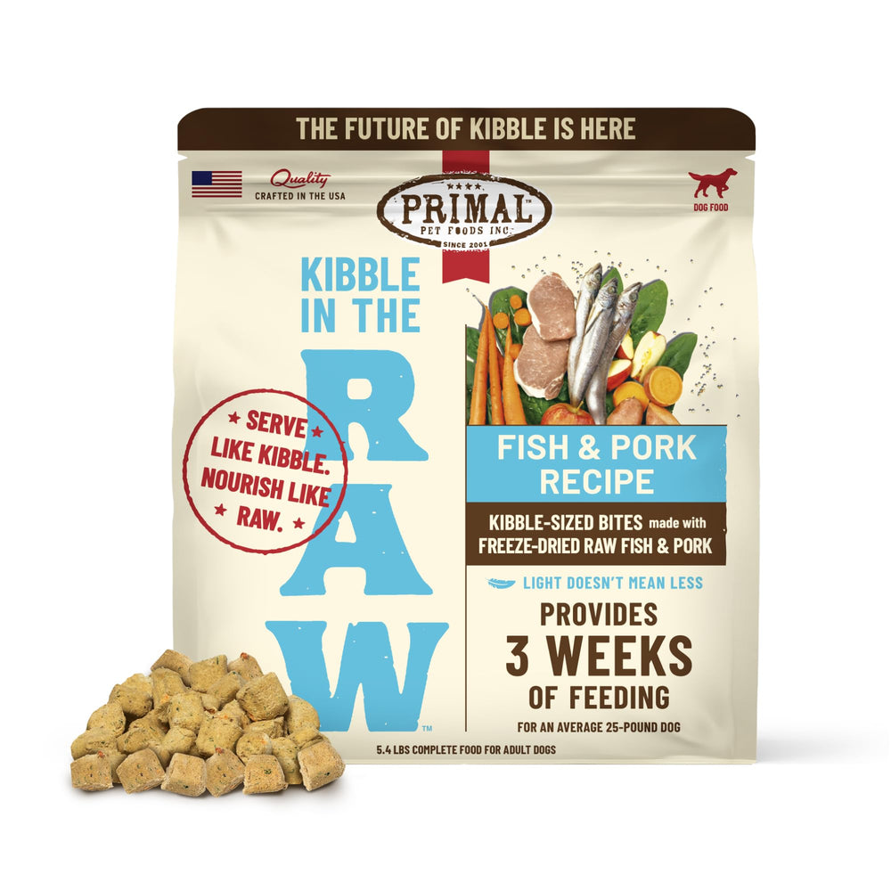 Primal Croquettes Dans Le Cru, sac ouvert, portions pratiques pour repas propres.