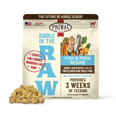 Primal Croquettes Dans Le Cru, sac ouvert, portions pratiques pour repas propres.