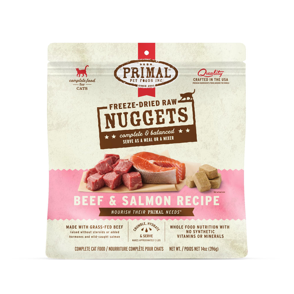 Primal Nuggets boeuf-saumon, repas complet pratique pour chats actifs.