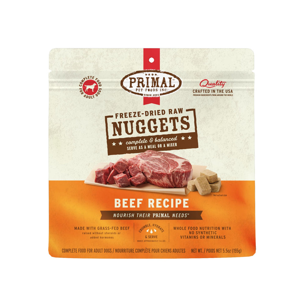 Nuggets Primal Pet Foods au boeuf offrent un repas pratique et complet pour chien actif.