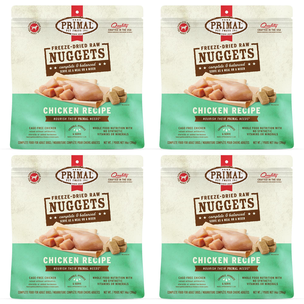 Nuggets lyophilisés au poulet Primal Pet Foods, repas complet et pratique.