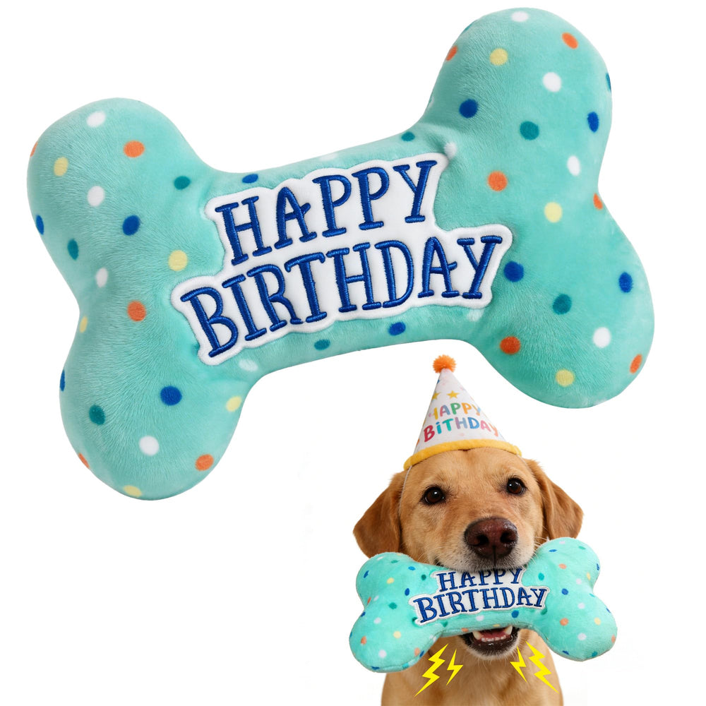 Prime Pets jouet-chien-anniversaire-peluche: peluche colorée qui couine pour divertir votre chien