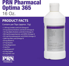 PRN Pharmacal OPTIMA 365 – étiquette lisible, soutien peau saine et pelage brillant.