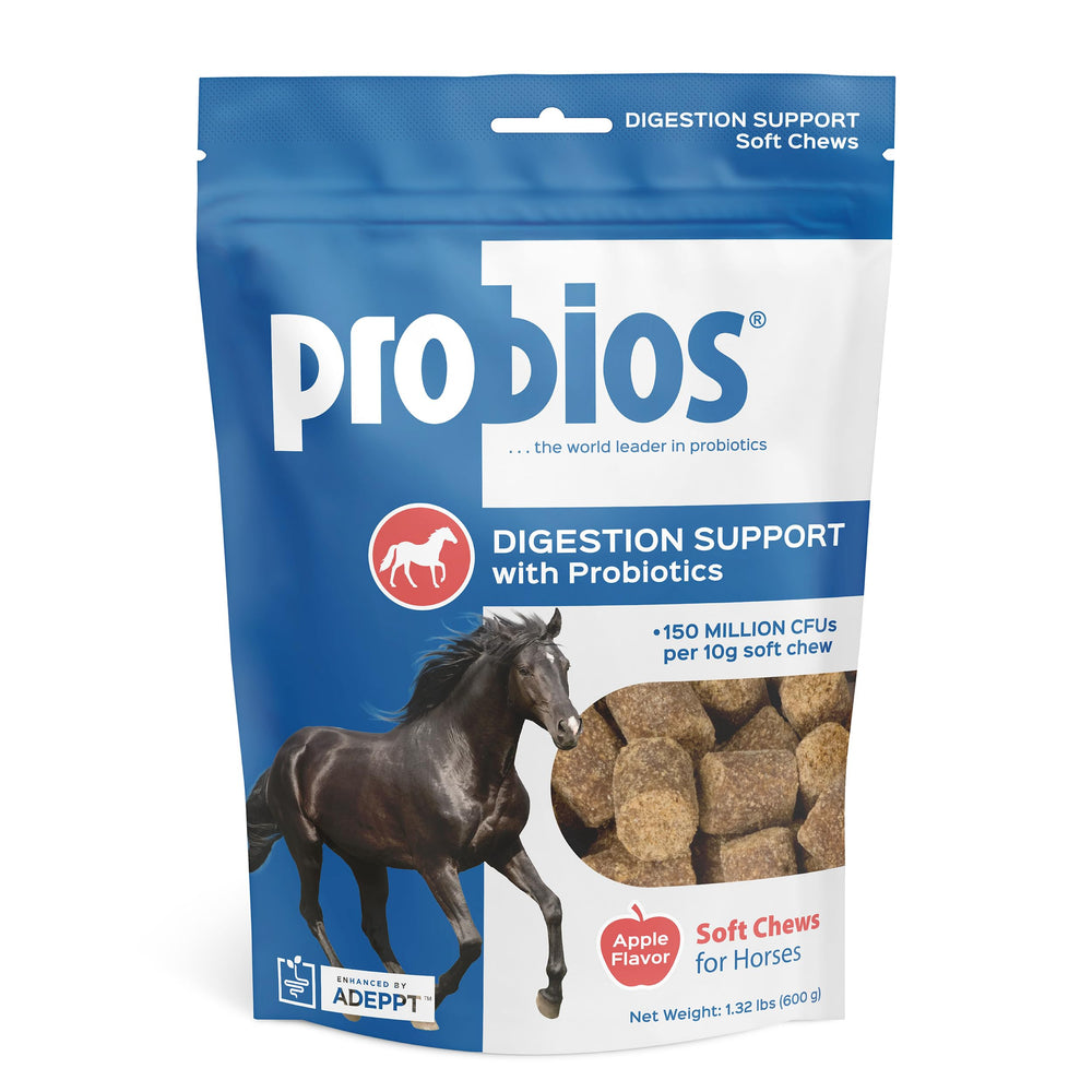 Probios pour chevaux – bouchées pomme dans l’emballage, pratique au quotidien.