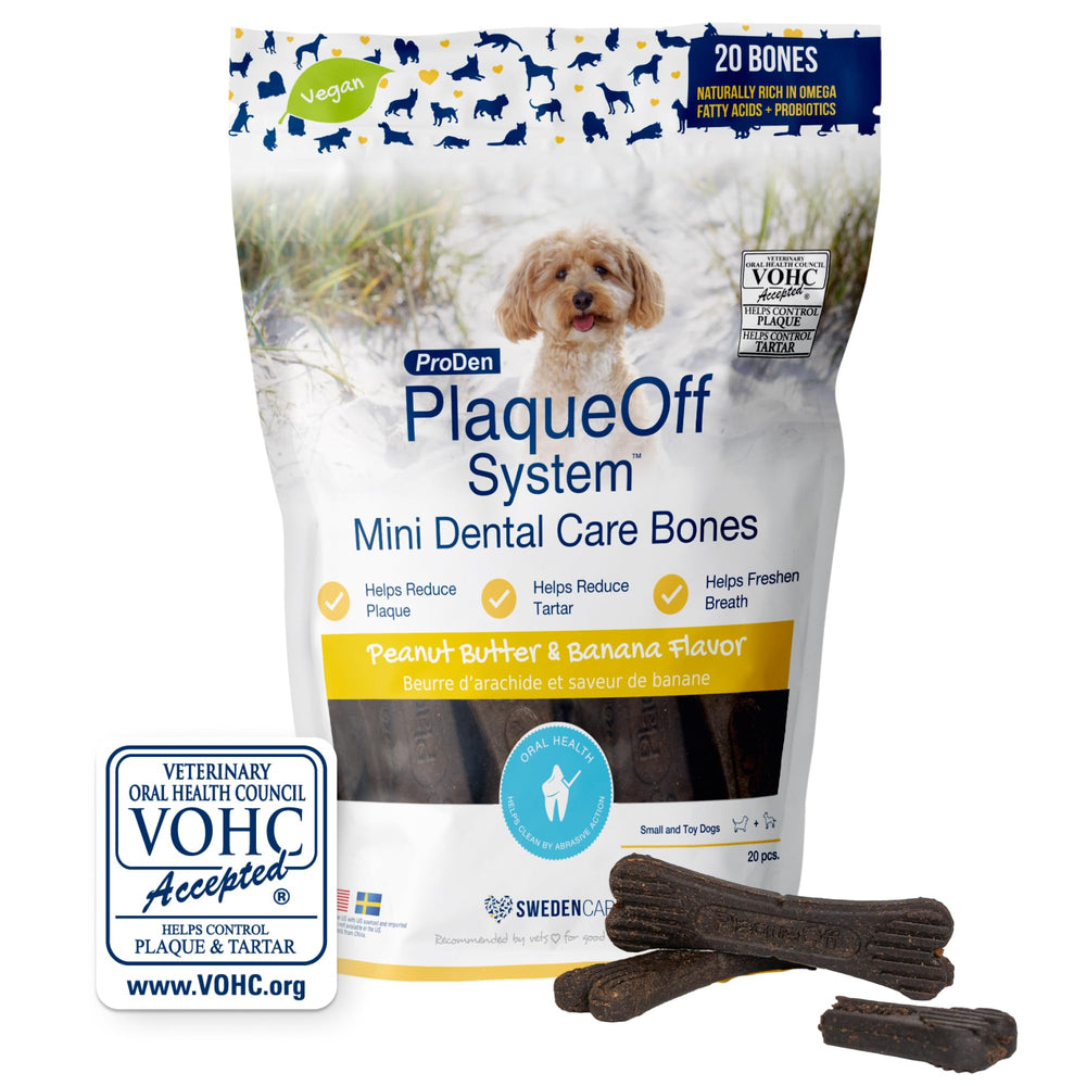 ProDen PlaqueOff Système Mini – os dentaire banane et cacahuète, hygiène buccale chez petits chiens.