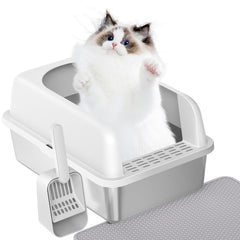 Prodigen bac litière chat en acier inox avec couverture, nettoyage facile et surface durable.