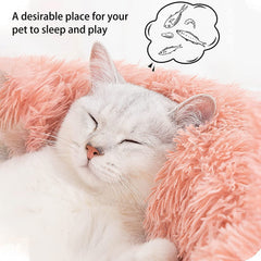 Grand lit rond chat en peluche rose – rebord rembourré pour le soutien.