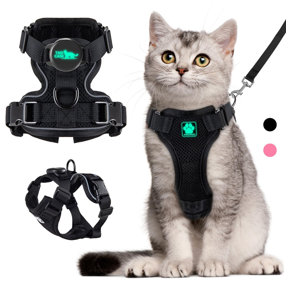 Harnais chat PROFAVO avec AirTag intégré, sécurité renforcée pour la sortie nocturne.