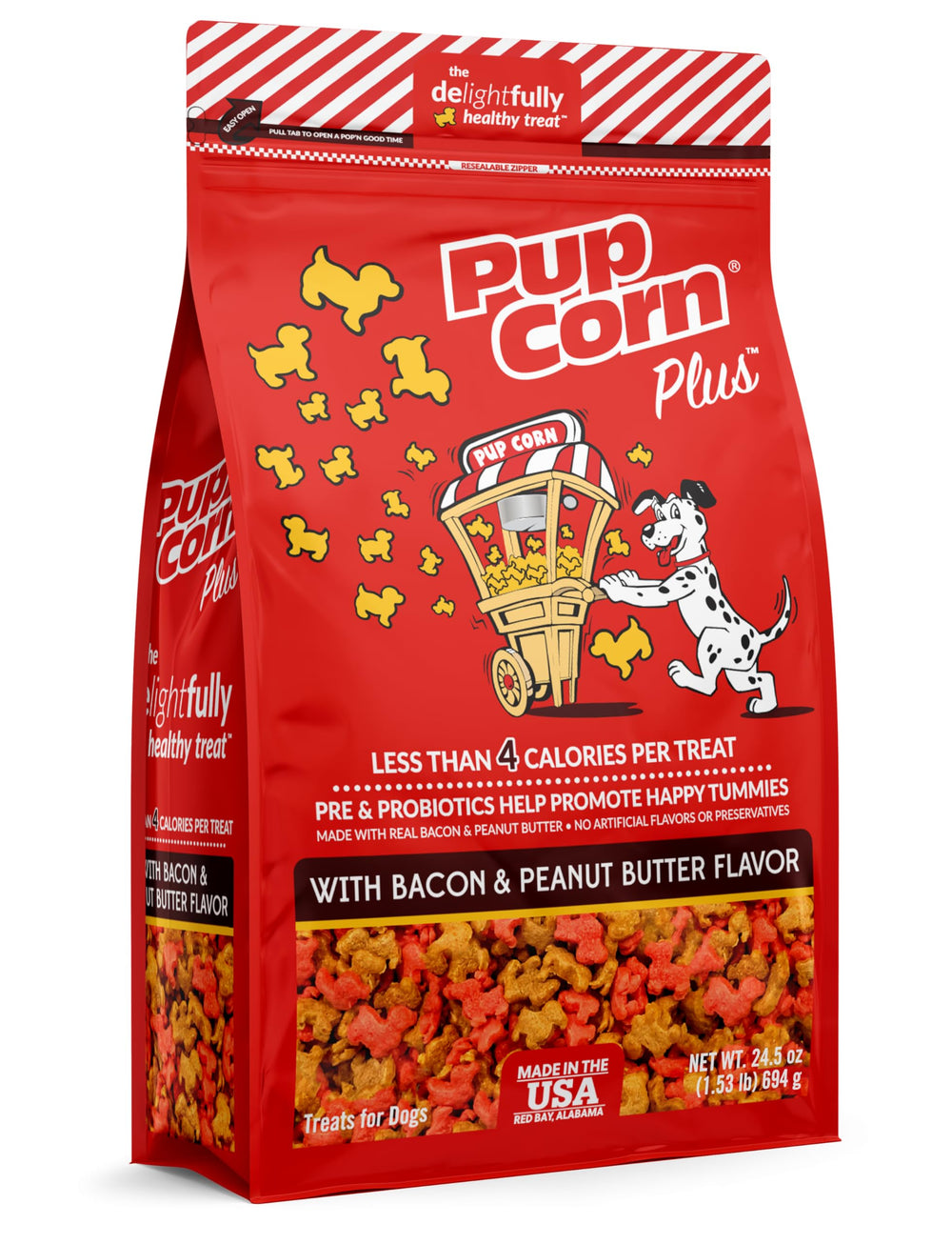 Friandises Pup Corn Plus bacon et beurre de cacahuète, parfaite récompense savoureuse.