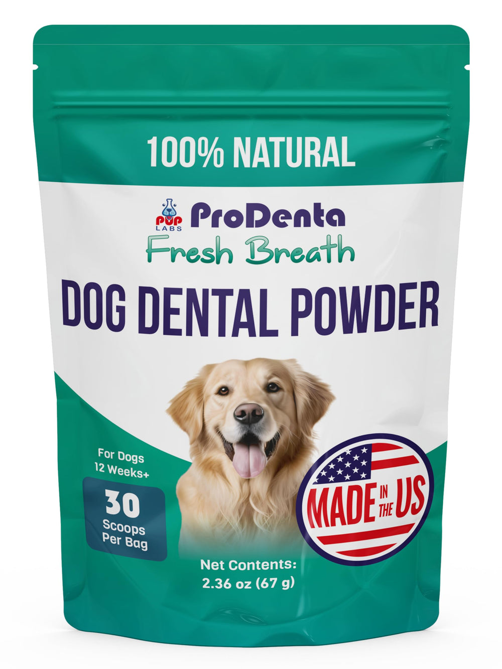 Pup Labs ProDenta : bouteille versant pour doser facilement la poudre et démarrer l'haleine fraîche.