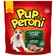 Gros plan sur Pup-Peroni avec boeuf réel, aspect savoureux.
