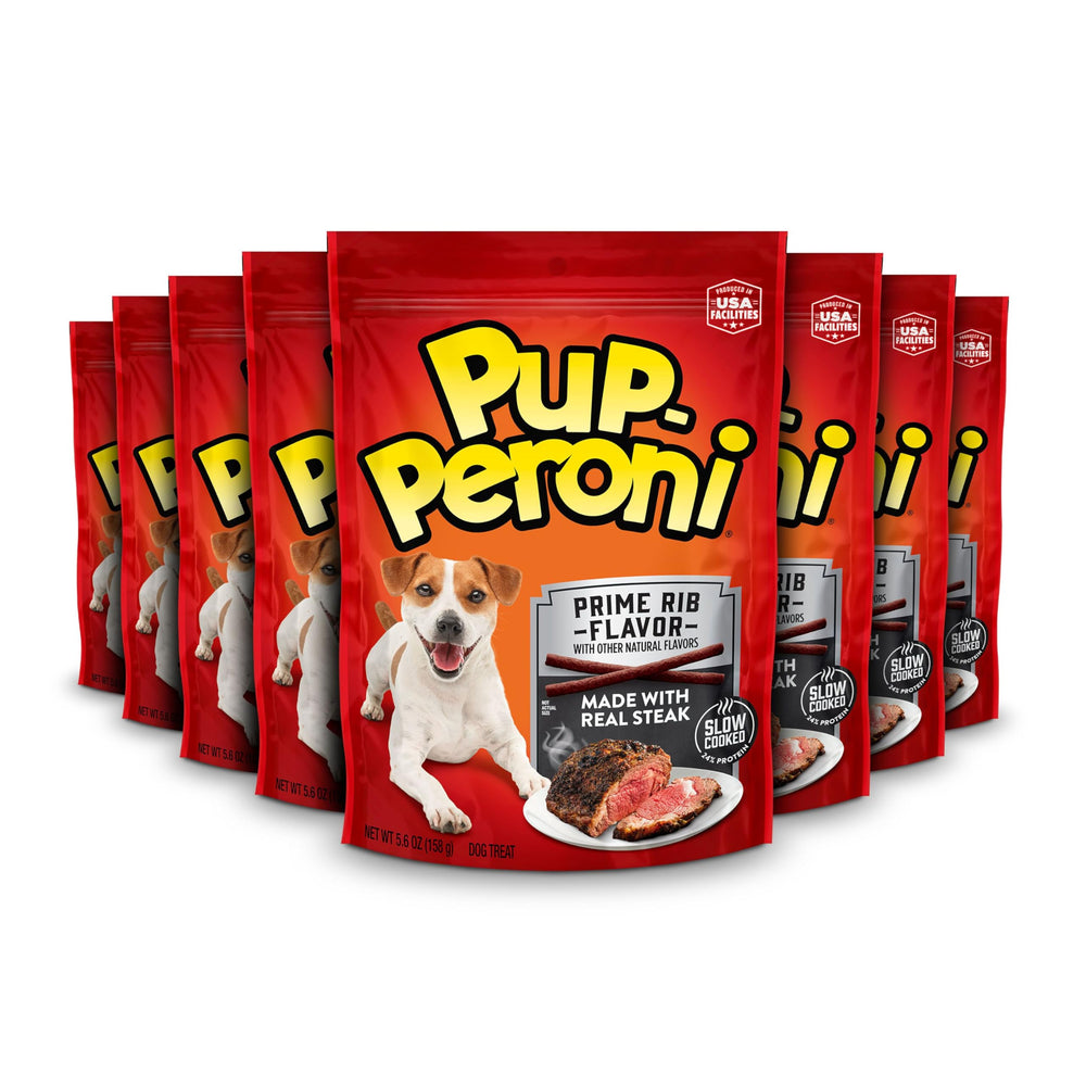 Pup-Peroni Prime Rib emballage : friandises faciles à emporter pour récompenser.