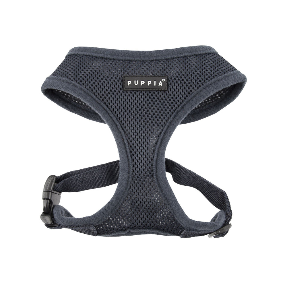 Harnais Puppia doux gris moyen vu avant, confort léger pour petites balades