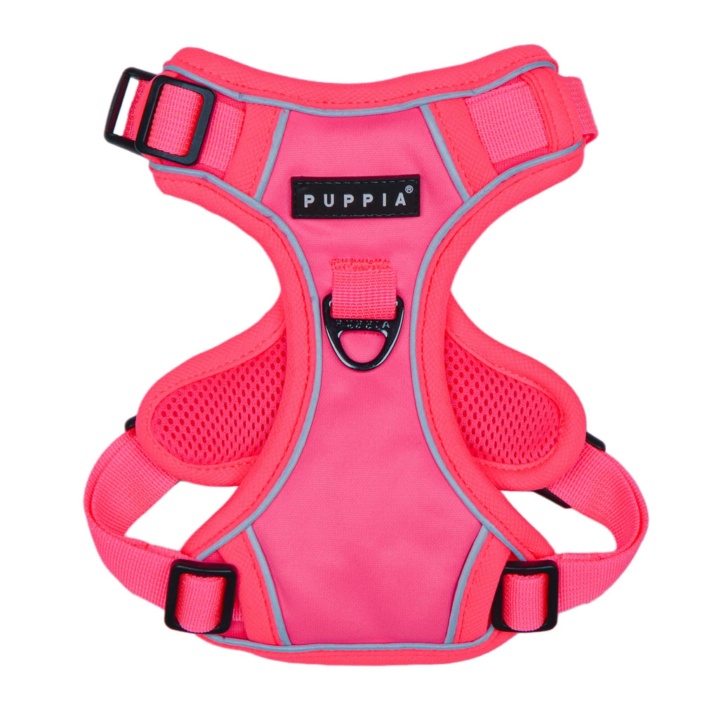 Harnais Puppia Neon rose – avant, attache sécurisée pour promenade.