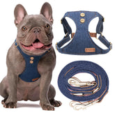 Harnais Puppytie pour petit chien denim bleu avec anti-tirage confortable.