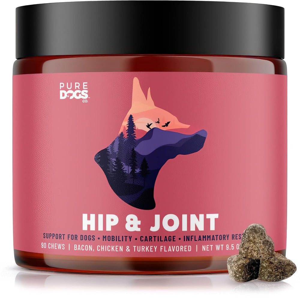 PURE DOGS CO. Emballage clair des bouchées articulations, pratique pour garder le produit à portée de main.
