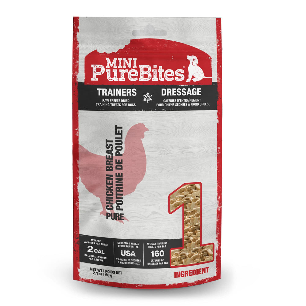 PureBites Mini emballage montrant une source unique de protéine pour l'entraînement.