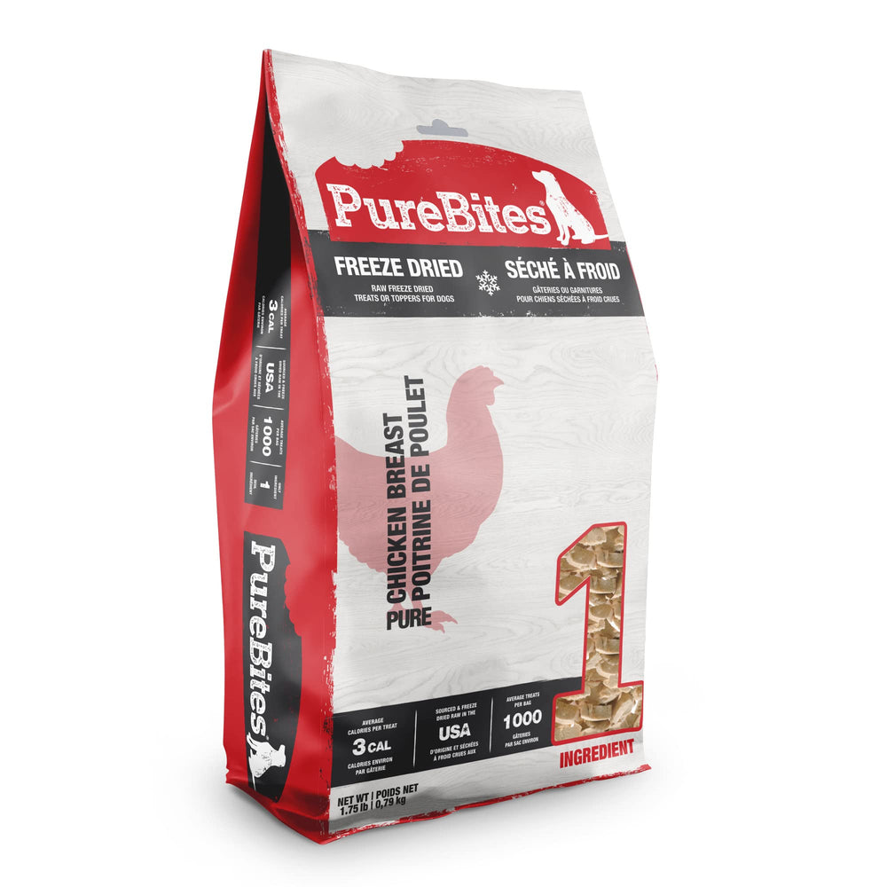 PureBites poulet lyophilisé, sachet pratique pour récompenses quotidiennes.