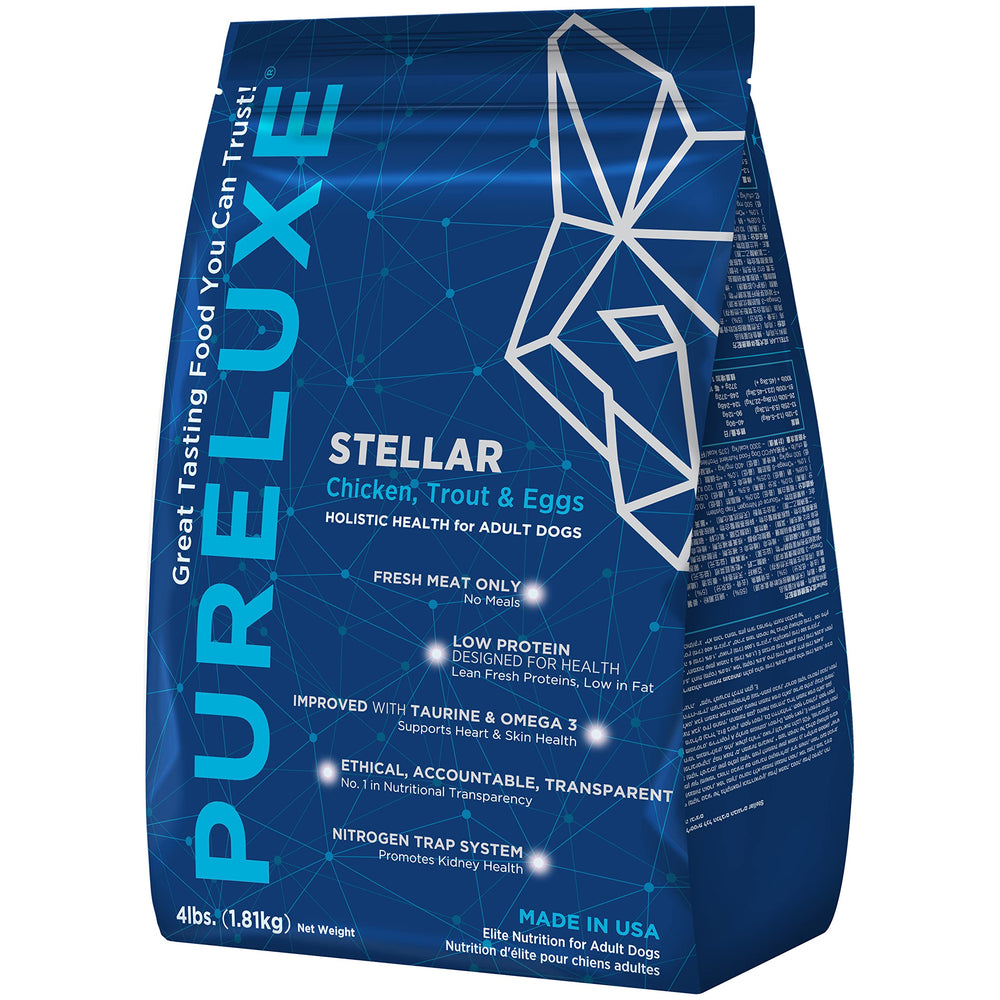 PURELUXE, sac de nourriture sans céréales au poulet, truite et œufs pour chiens.