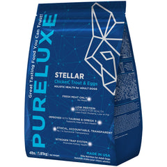 PURELUXE, sac de nourriture sans céréales au poulet, truite et œufs pour chiens.