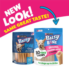 Purina Busy Bone Tiny texture allongée: mastication prolongée et engagement assuré.
