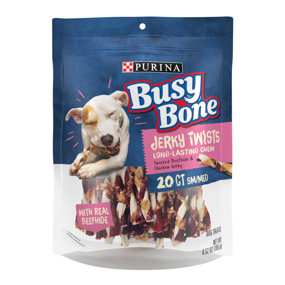 Purina Busy Jerky Twists boeuf, paquet visible, récompense savoureuse pour chiens adultes.