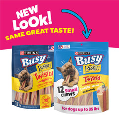 Purina Busy Beggin’ Twist’d mini, sachet ouvert, stimulant la mastication.