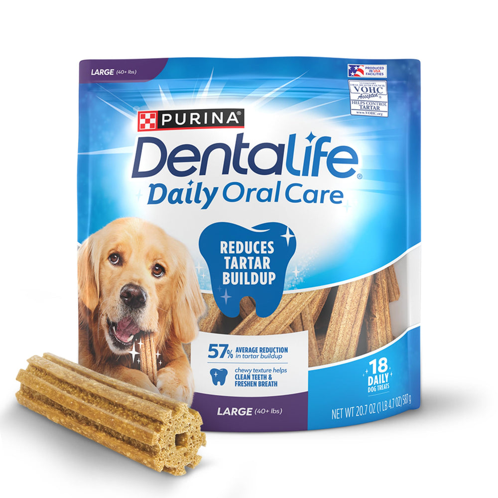 Purina DentaLife pour grands chiens dans un sachet refermable.