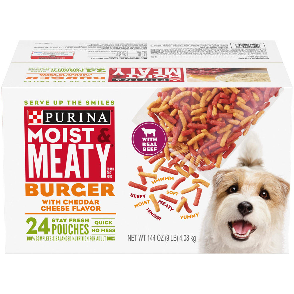 Purina Moist Meaty sachet 24 portions hamburger cheddar, pratique et portionné.