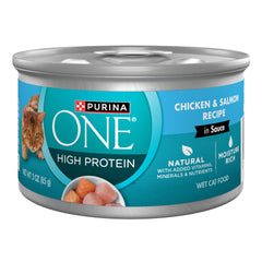 Purina ONE boîte ouverture facile poulet-saumon en sauce, repas humide rapide.