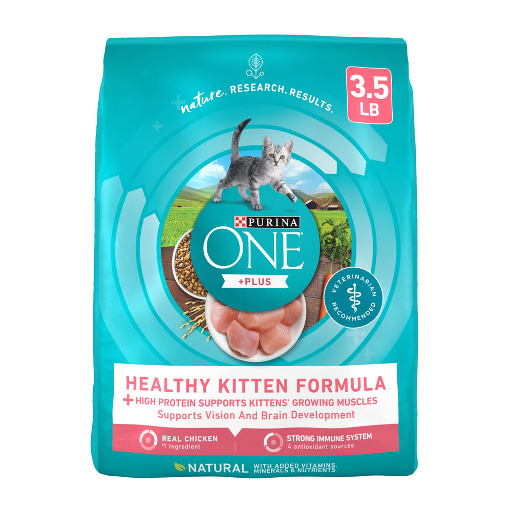 Purina ONE Chaton poulet premier ingrédient protéine pour croissance musculaire.