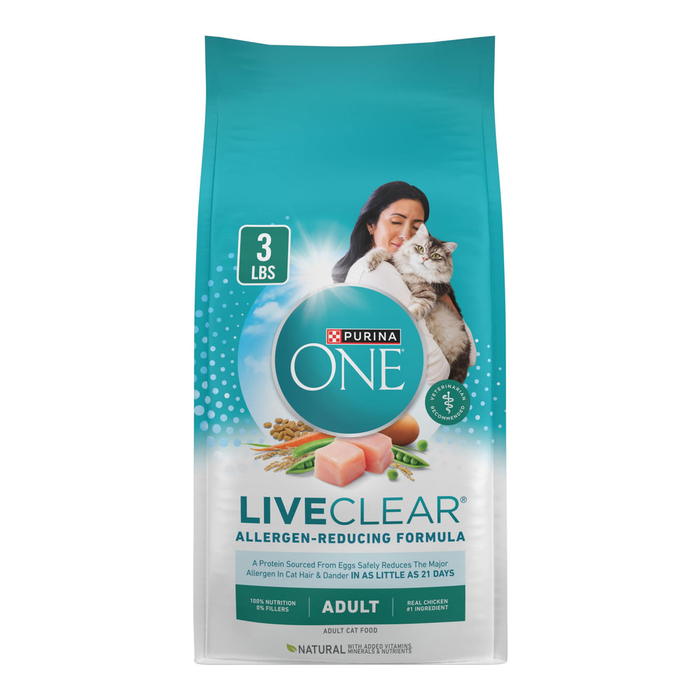 Purina ONE LiveClear croquettes chat emballage 3-lb, pratique et facile à ranger.