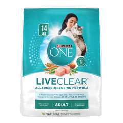 Purina ONE LiveClear croquettes chat, premier ingrédient poulet et nutrition complète.