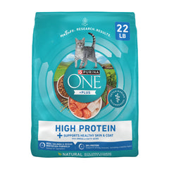 Purina ONE Plus Haute Protéine au saumon: croquettes appétentes pour muscles maigres et peau saine.