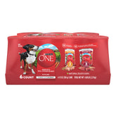 Purina ONE Morceaux Tendres en Sauce poulet-riz-brun, texture gourmande pour chien adulte.