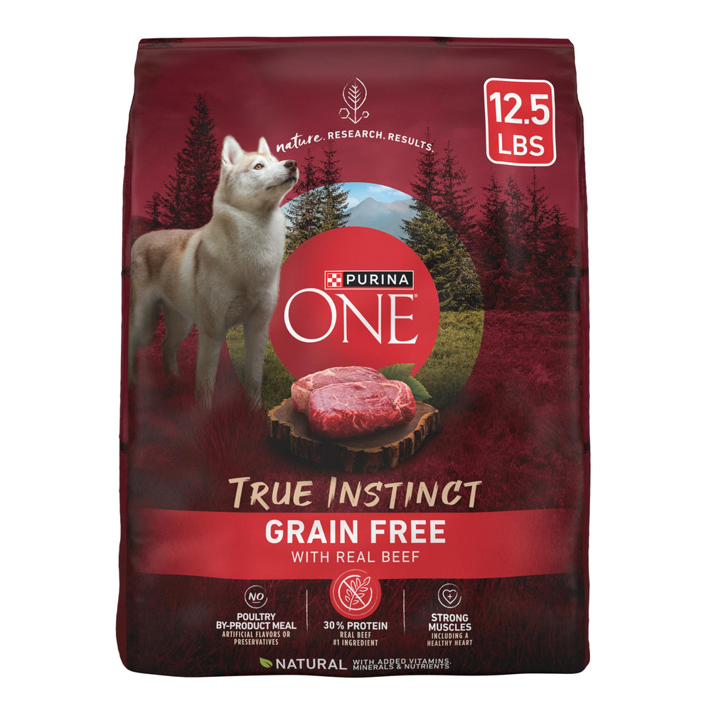 Purina ONE True Instinct croquettes boeuf reel, aliment riche en protéines pour chiens actifs.