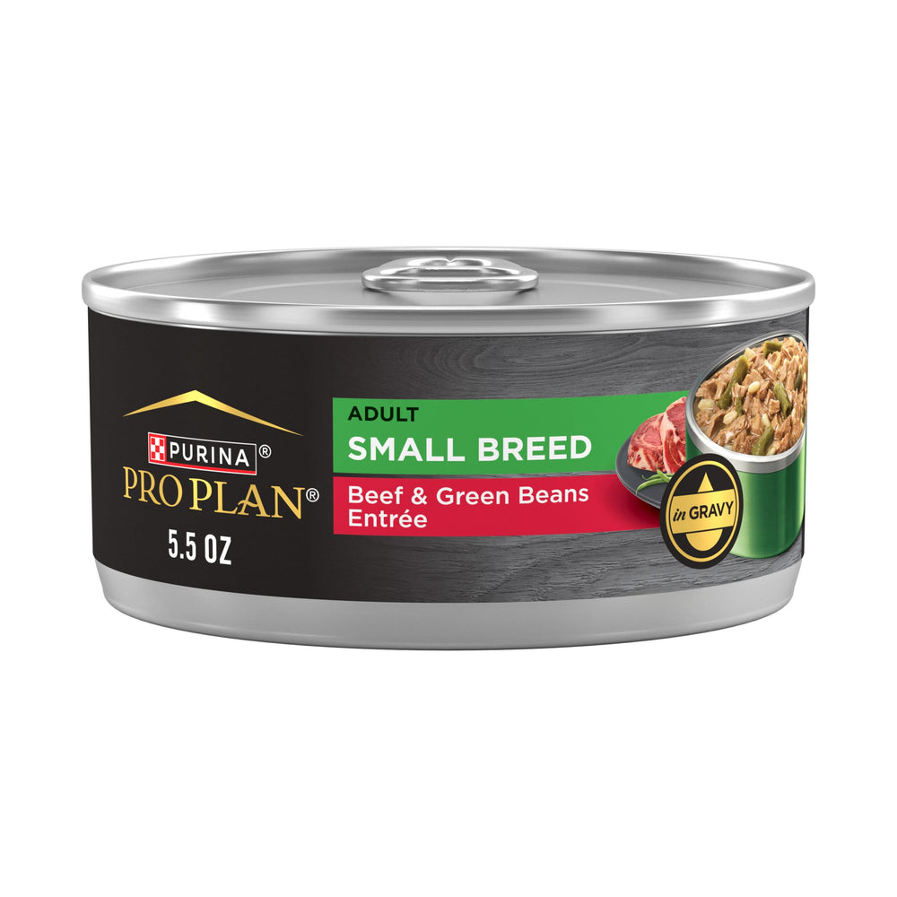 Purina Pro Plan petit chien boeuf et haricots verts en sauce, protéines élevées.
