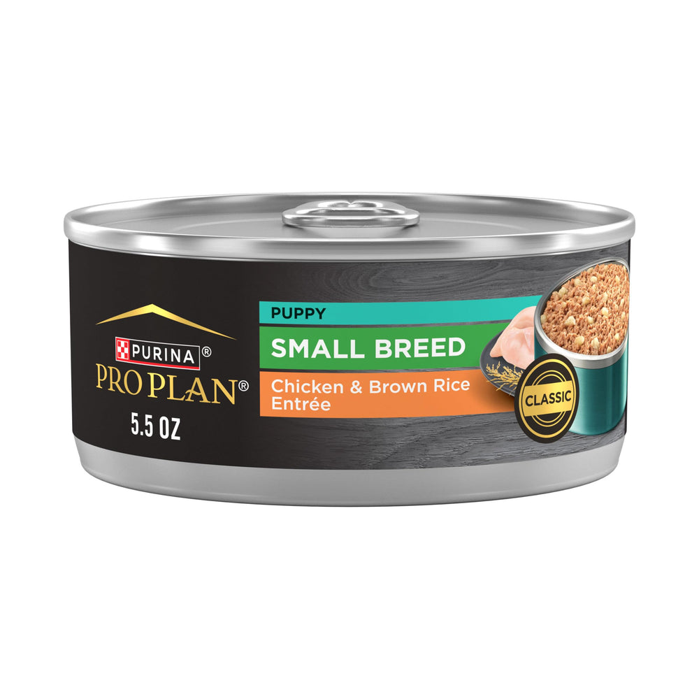 Boîte Purina Pro Plan Chiot Petite Race avec poulet et riz brun, repas humide appétissant.