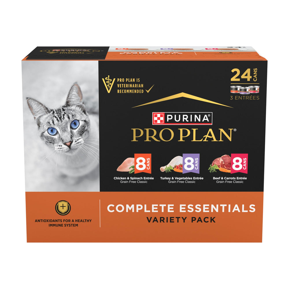 Pack varié Purina Pro Plan Complete Essentials avec pâté sans céréales pour chats actifs.