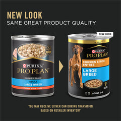 Purina Pro Plan Gravy poulet et riz en boîte, texture savoureuse appréciée par les chiens.