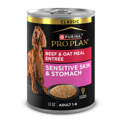 Purina Pro Plan: pâté boeuf et avoine en vue proche, texture gourmande pour chien sensible.