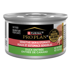 Purina Pro Plan Sensitive Skin Stomach entrée canard pâté appétissant pour chats sensibles.