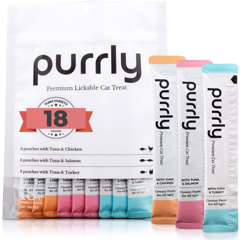 Purrly purée crèmeuse au thon en sachet, friandise hydratante et savoureuse pour chat.